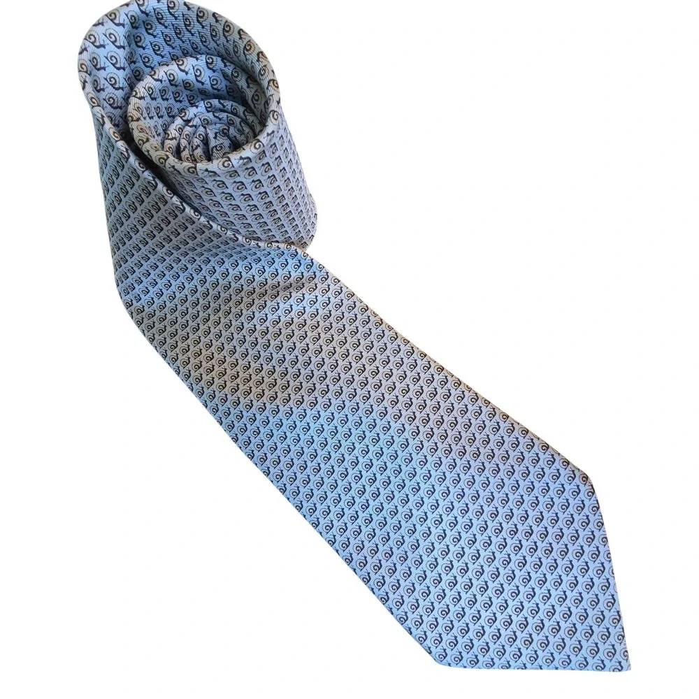 Hermes Paris Silk Tie Light Blue Grey Snail Animal Print Classic Mens Necktie